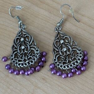 Filigree Style Silver Tone Chandelier Earrings accented with light purple beads
